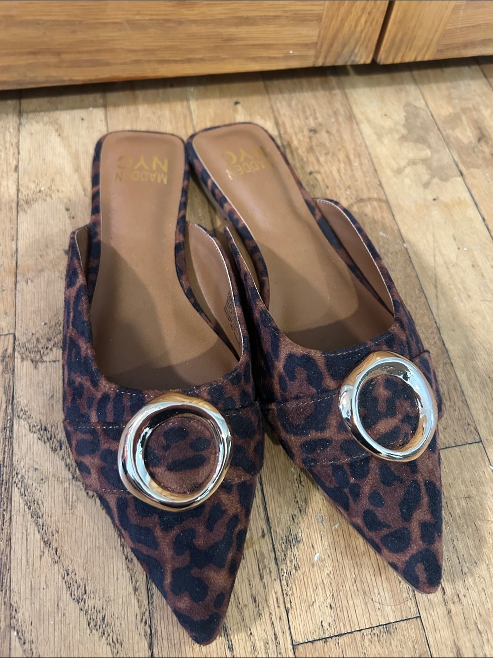 Madden NYC Leopard Print Pointed Toe Slip-On Flats with Gold Hardware